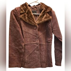 Marcelle Renee Vintage Y2k NWOT Chic Brown Leather Jacket with Faux Fur Collar